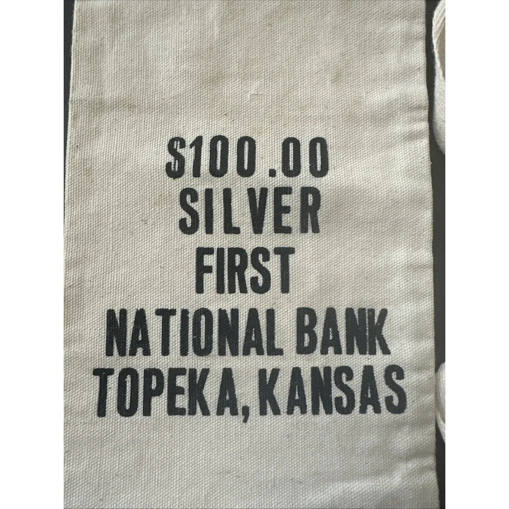 2 Vintage Bank $100 Silver First National Bank Topeka Kansas Canvas Money Sack